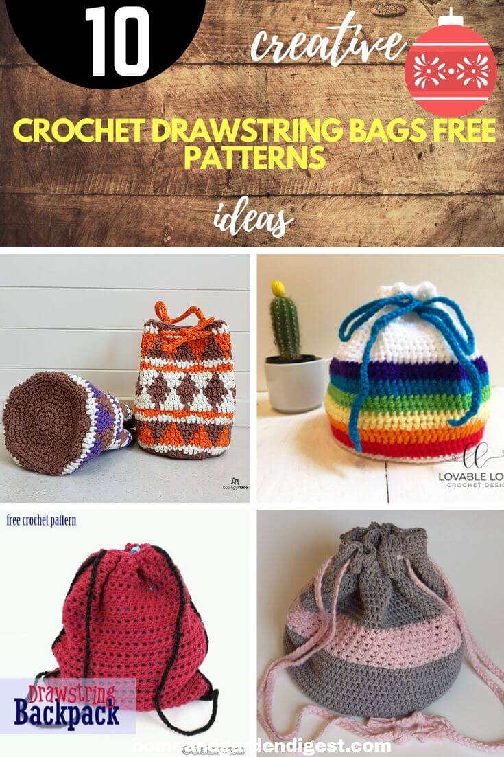 10 Crochet Drawstring Bags Free Patterns For